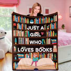 Book Lovers Gifts for Girls, Just A Girl Who Loves Books Blanket, Soft Fleece Flannel Book Lovers Throw Blanket, Reading Gifts Ideas for Kids Readers Librarian Bookish Bookworm Graduation, 101x127 cm