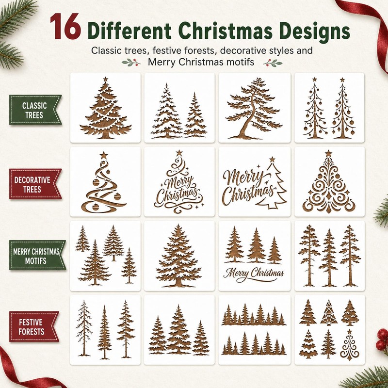 16 Christmas Stencils, 15 x 15 cm Tree and Forest