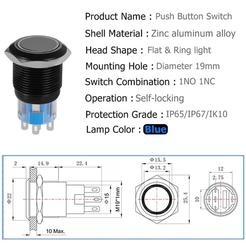 19mm Latching Push Button Switches SPDT ON/Off Waterproof Black Metal