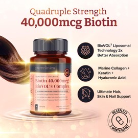 400% Strength Biotin 40,000mcg x 360 Caplets (4 Bottles of 90) – BioVOL²® Liposomal Biotin Complex | with Marine Collagen, Keratin, Vitamin C & More | 12 Months Supply