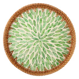 Handwoven Round Rattan Tray,Mother of Pearl Inlay Decorative Serving Tray