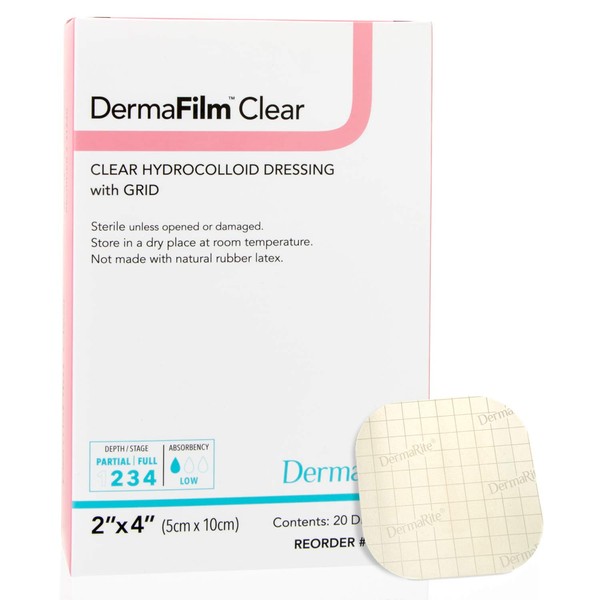DermaFilm Clear Hydrocolloid Wound Dressing - 2" x 4" Extra Thin with Grid - Thermal Insulation and Protection, Easy to Apply, Conformable, Latex Free - for Low Exudating Wounds