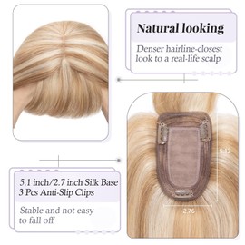 TESS Hair Topper Real Hair Blonde Balayage 7 x 13 cm Base Toupee Women's #12P613 Light Brown / Light Blonde with Fringe Hair Topper Real Hair 44 g 35 cm Hair Topper Clip-In Hairpiece Extensions
