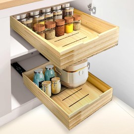 JZHLLA 2 Packs Pull Out Cabinet Organizer, 16.9"D x 11.8"W x 3.1"H Slide Out Drawers with Adhesive Nano Film, Wood Pantry Shelves Siliding Cabinet for Kitchen Home Two Drawer Cabinet（18''Deep）