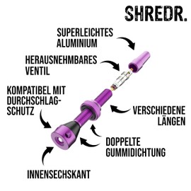 Shredr. Tubeless Valve Set | Presta Valves for Tubeless Tyres | Super Light Aluminium, Colourful Anodised French Valve | Includes Valve Adapter, Replacement Valve and Tool (Purple, 60 mm)