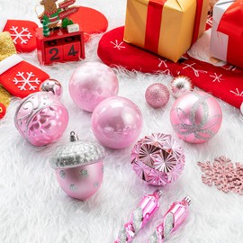 62pcs Pink Christmas Balls Ornaments Set - 3.15" Big Christmas Balls - Shatterproof Plastic Decorative Baubles for Xmas Tree Decor Holiday, Wedding, Party Decoration (Pink)