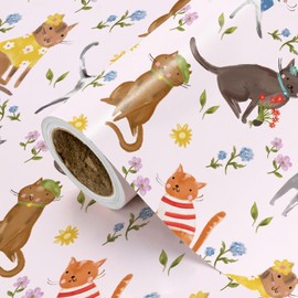 WRAPAHOLIC Cat Wrapping Paper Roll - Mini Roll - 17 Inch x 16.5 Feet - Adorable Floral Cats Birthday Wrapping Paper for Pet Owner, Cat Lover, Birthday, Baby Shower