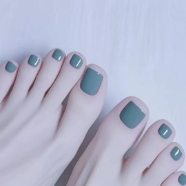 Green Press on Toenails Short Square Stick on Toenails with Designs Celadon Fake Toenails Reusable Artificial Summer Glue on Toenails Glossy Beach False Toenails for Women Girls Manicure 24 Pcs