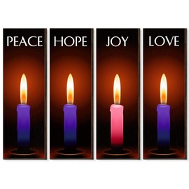 4 Pieces Christmas Advent Candles Wall Decor Wooden Wall Art with Love Peace Hope Joy Printing, Rustic Religious Hanging Wood Wall Plaque Gifts for Family Home Church Office, 12 x 4 x 0.2 Inch