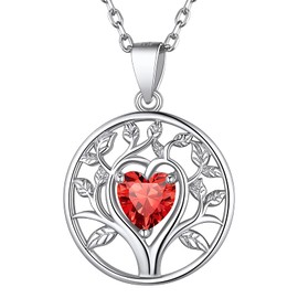 Suplight 925 Sterling Silver Month Stone Pendant from January to December, Celtic Crescent Moon Pendant, Tree of Life Pendant, Adjustable Chain Length 40-45 cm, Sterling Silver, Moonstone, ruby,