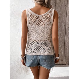 COZYEASE Women's Crochet Tank Tops Knit Sweater Vest Hollow Out Sleeveless Cover Up Summer Boho Top Scoop Neck Pullover Khaki