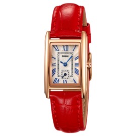 Vintage Women's Rectangle Wrist Watch Classic Ladies Analog Quartz Watch Ultra-Thin Ladies Bangle Bracelet Watch Female Business Dress Watch with Leather Strap (Red)