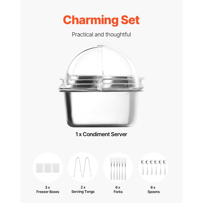 VEVOR Countertop Food Serving Display Container, 5 Pan Stainless Steel