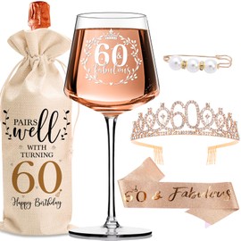 60th Birthday Gifts for Women - Elegant Decorations with Vintage Wine Glasses, Wine Bag, Birthday Sash, Crown,Rhinestone Birthday Tiara, Perfect for Her,Mom,Wife,Coworker,Best Friend,Sister