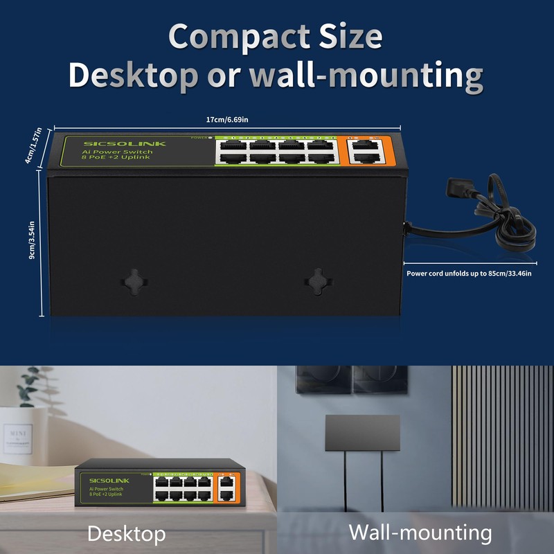 SICSOLINK 8 Ports PoE+ Ethernet Switch 2 Uplink 802.3af/at 120W
