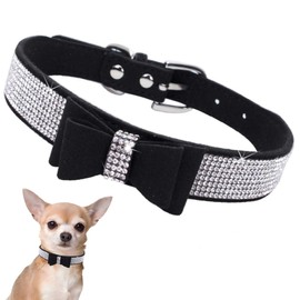 Rhinestone Dog Collar with Bow Tie, Cute Knot Crystal Bling Diamond Glitter Puppy Collars for XXS XS Small Medium Large Pet Girls Dogs Female Cats, Black Large
