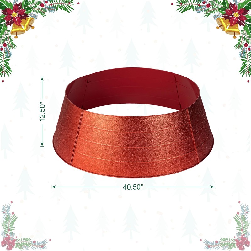 Glitzhome 40.5" D Red Metal Glitter Tree Collar, Decorative Tree