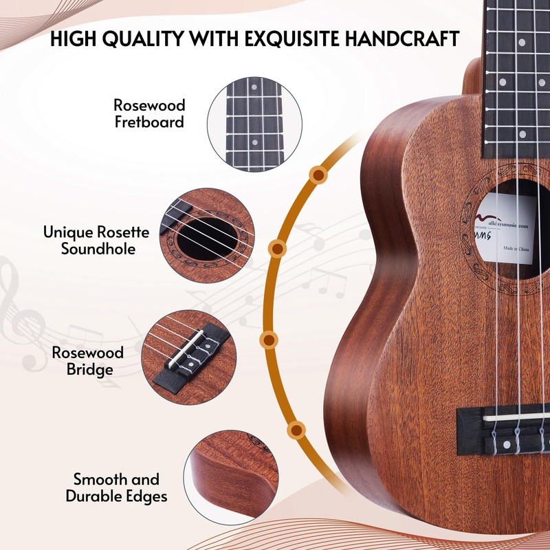 ADM Soprano Ukulele Beginner Kit Mahogany Hawaiian Wood Ukelele Bundle