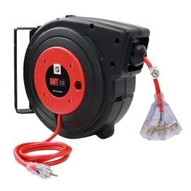EP Retractable Extension Cord Reel, 50 Ft Heavy Duty Power Cord, 14 AWG/3C SJTOW, 13 AMP Circuit Breaker, Lighted Triple Tap, Ceiling or Wall Mount, UL Listed
