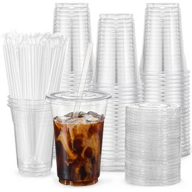 VITEVER VITEVER 100 Sets - 12oz Clear Plastic Cups with Lids and Straws, Disposable Cups for Iced Coffee, Smoothie, Milkshake, Cold Drinks