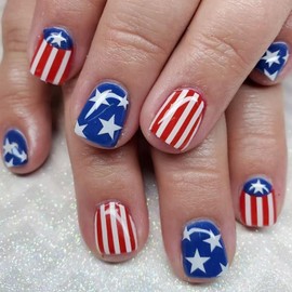 4th of July Press on Nails Short Square Patriotic Fake Nails False Nails with Stars Stripes Designs Cute Nails Glossy Glue on Nails Independence Day Acrylic Nails for Women Girls 24Pcs