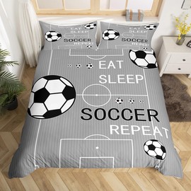 jejeloiu Kids Soccer Bedding Set Full Size Football Comforter Cover Set Boys Girls Eat Sleep Duvet Cover Sports Theme Gaming Sports Grey Bedspread Cover(No Comforter)