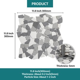 Soulscrafts Pebble Tile for Shower Floor, Grey with White Geometric Pebble Mosaic Backsplash Tiles for Kitchen Bathroom Wall and Floor, 5 Sheets