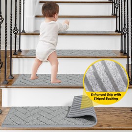 Non-Slip Stair Treads for Wooden Steps Indoor, 4 Pack 9" X 28" Edging Stair Runner with TPE Backing, 0.4" Thick Stair Rugs for Kids Elders & Pets, 100% Polyester Soft Carpet Stair Mats, Light Grey