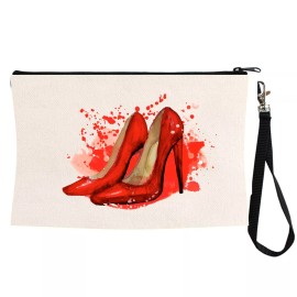 BMSBIZ Red shoes Art Cosmetic makeup bags pouch 100% ALL linen Wtih zipper & Strap