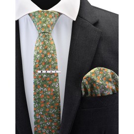 GUSLESON Mens Cotton Olive Ties for Wedding Orange Slim Floral Tie Skinny Necktie and Pocket Square Clip Sets (0941-27)