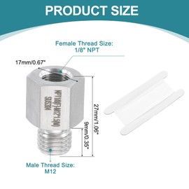 uxcell Pipe Fitting Reducing Adapter, M12 Male x 1/8" NPT Female 304 Stainless Steel Reducer Connector for Water Oil Air Pressure Gauge, Silver