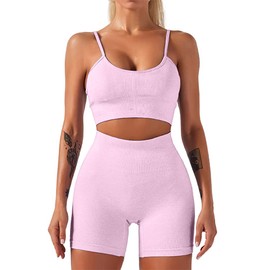 HANERDUN Women's Sports Suits, 2 Pieces, Seamless Outfit, Tracksuit, Jogging Suit, Deep V and Leggings, Clothing Sets, Yoga Outfit, Leisure Suit, Sportswear, Suitable for All Year Round, Pink-2