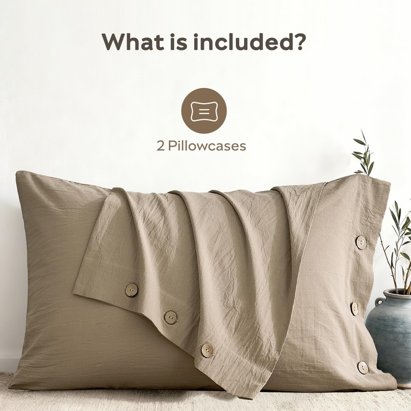 JELLYMONI 100% Washed Cotton Pillowcases, Standard, Button Closure
