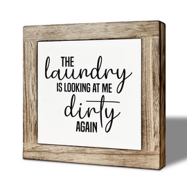 Funny Laundry room Decor, the Laundry is Looking at Me Dirty Again Wooden Box Sign, Freestanding Bathroom Decor, Rustic Wooden Table Top Decorative 5.9×5.9 inch