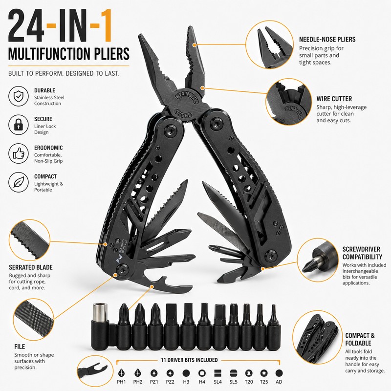 24-in-1 Multitool Pliers for Repairs – Stainless Steel EDC Tool