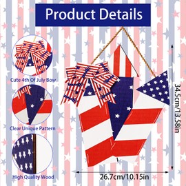 AMCAMI 4th of July Wreaths for Front Door,Patriotic Door Wreath for Independence Day&Memorial Day，Wooden Red White and Blue 4h of July Decorations