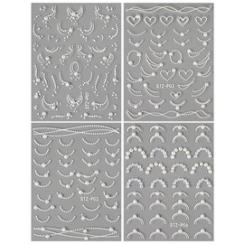 Relief White Pearls French Tip Nail Stickers for Nail Art Supplies,Pearl Chains Lace Wave Lines Nail Designs 5D Nail Art Stickers Vintage French Manicure Pearl Strips Nail Decals Nail Accessories