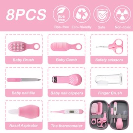 VicBou 8pcs Baby Grooming kit, Newborn Baby Care Accessories with Zipper Box, Baby Hair Nail Thermometer Care Set, Baby Healthcare Set for Newborn Infant, Toddler Girls & Boys (Pink)