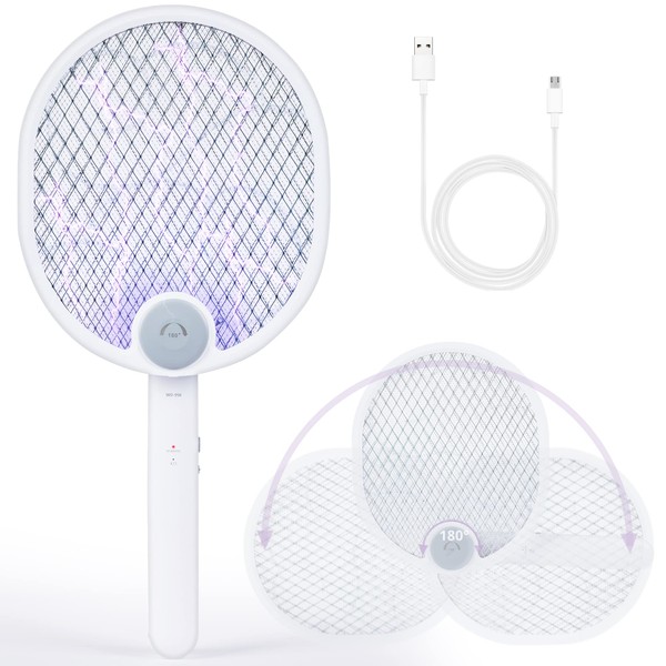 POWIFY Matamoscas eléctrico plegable 2 en 1, raqueta de matamoscas recargable por USB con luz UV, 3 capas de malla para mosquitos, moscas y avispas (paquete de 1)