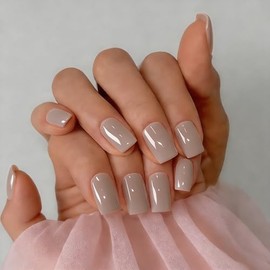 SXVME Uñas postizas acrílicas naturales con pegamento para mujer, uñas postizas de gel suave y brillante, uñas postizas reutilizables, 28 unidades, co