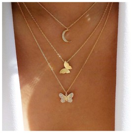 Allereya Bohemia Layered Moon Necklace CZ Paved Butterfly Pendant Necklace Gold Rhinestone Crescent Choker Necklace Multi Layering Chain Necklace Jewelry for Women and Girls