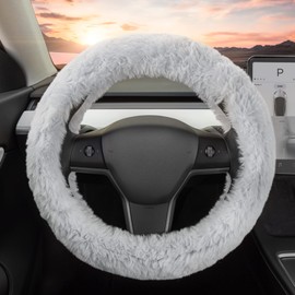 Carbella Gray Fuzzy Steering Wheel Cover, Standard 15 Inch Size Fits Most Vehicles, Cute Faux Fur Car Steering Cover with Soft Fluffy Furry Touch, Car Accessories for Women