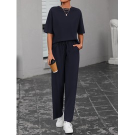 BTFBM 2 Piece Sets For Women Summer Fall 2025 Short Sleeve Wide Leg Lounge Sets Tracksuits Casual Travel Airport Outfits(Navy, Medium)