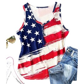 JMFXB American Flag Button V-Neck Tank Tops Women 4th of July Patriotic Tank Shirt USA Flag Stars Stripes Print Sleeveless Shirt (M,As Shows)