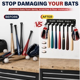 BIHOMIFI Baseball Bat Wall Mount Rack & Baseball Ring Set, Heavy Duty Steel Organizer with Glove Hooks, Garage Bedroom Dugout Storage for 10-14 Bats, Hardware Included