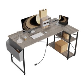 TIQLAB L Shaped Computer Desk with Power Outlets, 47 Inch Gaming Desk, Small Desk Corner Desk with Reversible Shelves, Study Desk Writing Desk for Home Office Bedroom, Work from Home, Beige, Grey