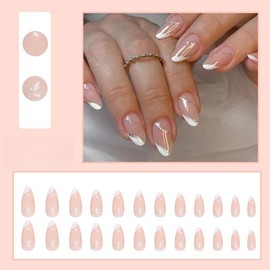 Pikabows Press On Nails Long Almond Swirl Nude Silver French Fake Nails Acrylic False Nail Tips Kit Glue on Nails for Women