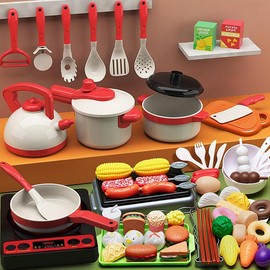 Pretend Play Kitchen Toy Set, 73pcs/set Including Pot, Utensils, Food, Cooking Toy Set, Kitchen Playset, Gift for Boys & Girls - Color: Red, Specification: one size
