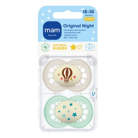 MAM Latex Original Night Soothers | 18-36 Months | Glow in The Dark Dummies | Comes in Dummy Steriliser Case | Baby Accessories | Blue/Cream (Various Designs)
