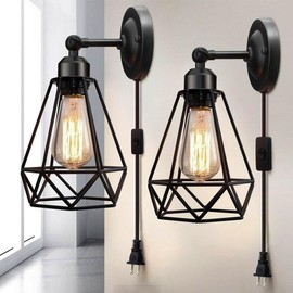 Retro Plug in Wall Sconces,Industrial Set of Two with6FT Cord,Vintage Lamp with On/Off Switch,Matte Black Sconces Lighting, Light Fixtures for Bedroom (Black-2)